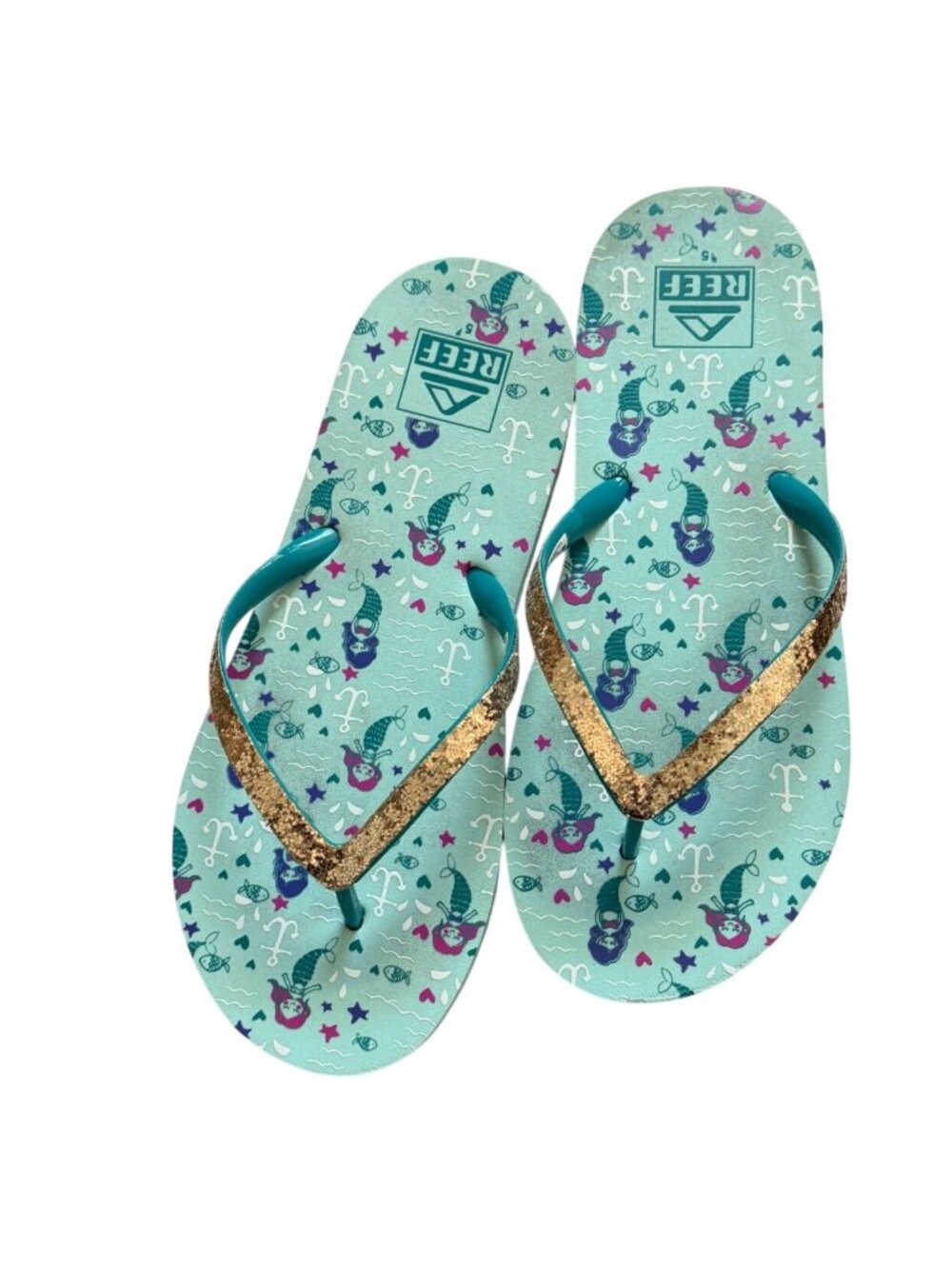 Reef Kids Stargazer Prints Kids Girl Aqua Mermaids Flip Flop Sandals-Teal-Size 5